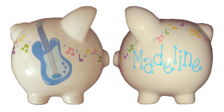 Handpainted ceramic piggy bank - side view - Music theme