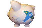 Handpainted ceramic piggy bank - side view - Airplane theme