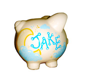 Handpainted ceramic piggy bank - side view - Jake & clouds theme