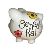 Handpainted ceramic piggy bank - name side view - Race car theme