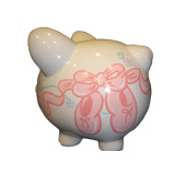 Handpainted ceramic piggy bank - side view - Ballet & flowerstheme