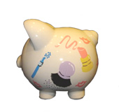 Handpainted ceramic piggy bank - side view - Make-up theme