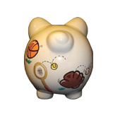 Handpainted ceramic piggy bank - rear view - Sports theme