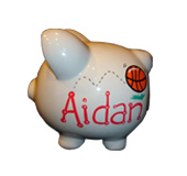 Handpainted ceramic piggy bank - name side view - Sports theme
